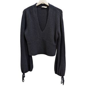​A.L.C. Merino & Camel Hair Ribbed V-Neck Crop Sweater - Large in Navy
